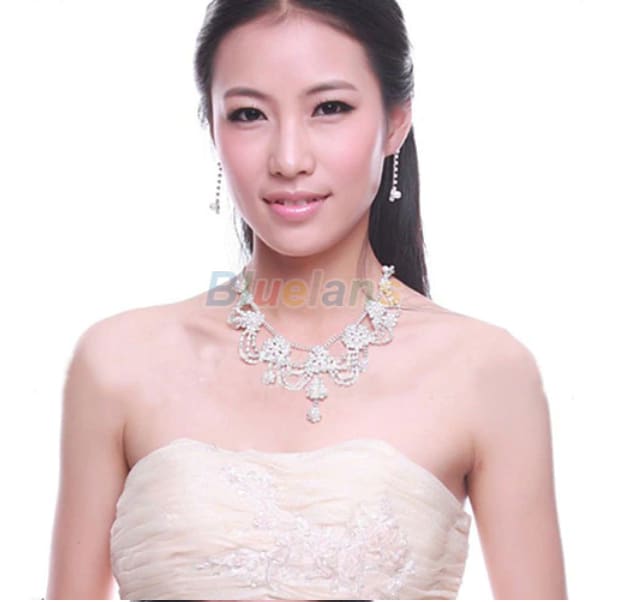sliver plated rhinestone crystal faux pearl necklace+earring jewelry set for bride