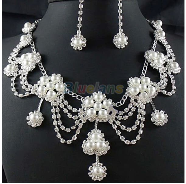 sliver plated rhinestone crystal faux pearl necklace+earring jewelry set for bride