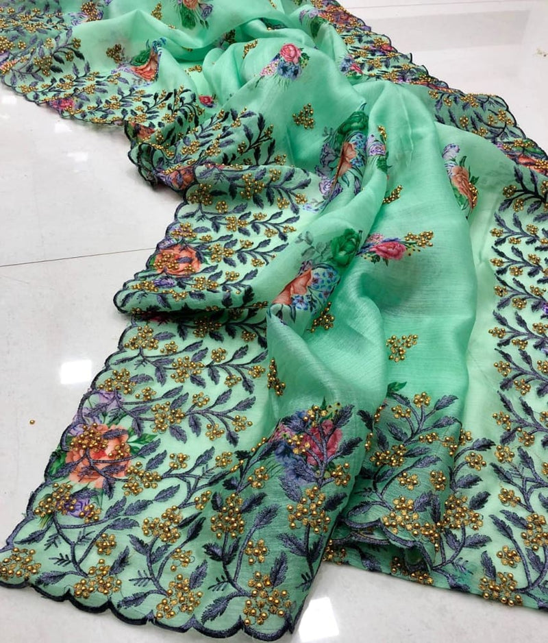 soft pure organza embroidered bollywood style saree sea green