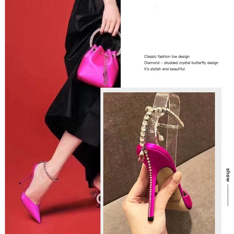 star style luxury rhinestones chains elegant ankle strap party high heels