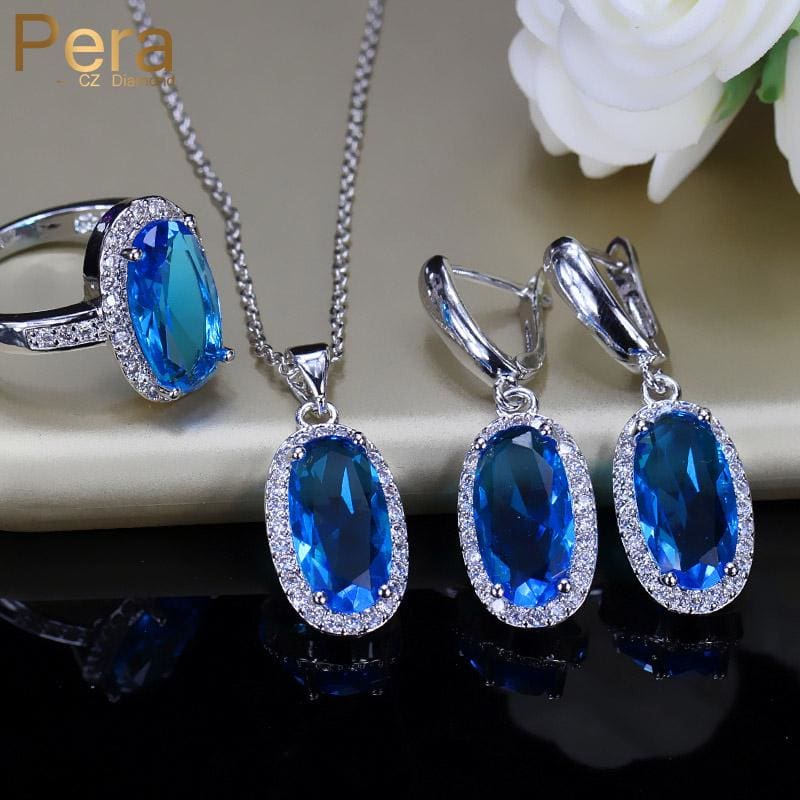 sterling silver 925 fashion ladies evening party big oval cute drop cubic zirconia 3 pcs necklace sets