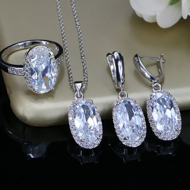 sterling silver 925 fashion ladies evening party big oval cute drop cubic zirconia 3 pcs necklace sets
