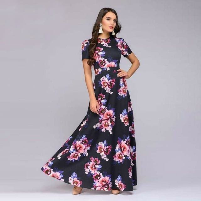 summer short sleeve floral print boho long dress