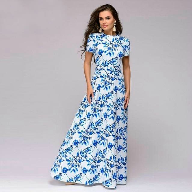 summer short sleeve floral print boho long dress