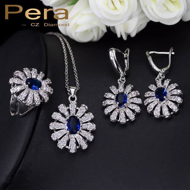 sun cluster flower 3 pieces 925 sterling silver cz jewelry sets