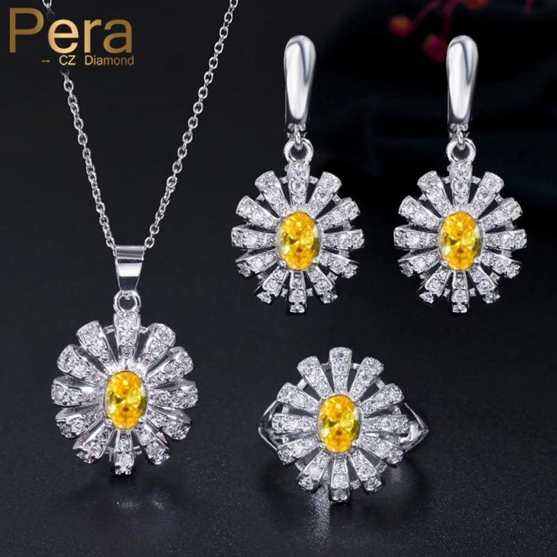 sun cluster flower 3 pieces 925 sterling silver cz jewelry sets