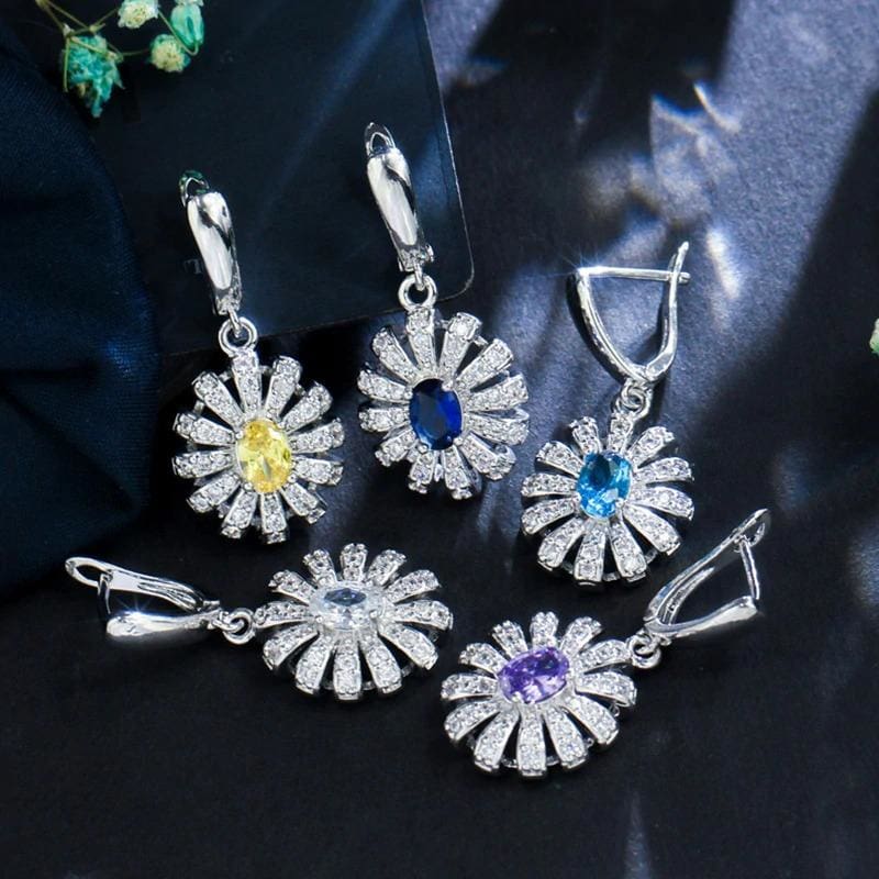 sun cluster flower 3 pieces 925 sterling silver cz jewelry sets