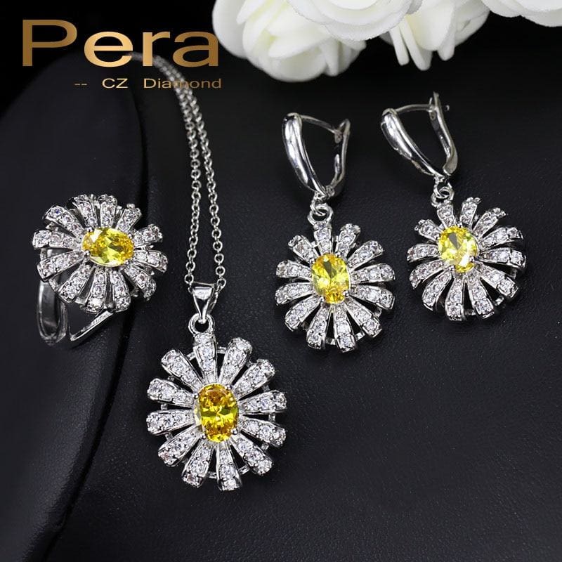 sun cluster flower 3 pieces 925 sterling silver cz jewelry sets