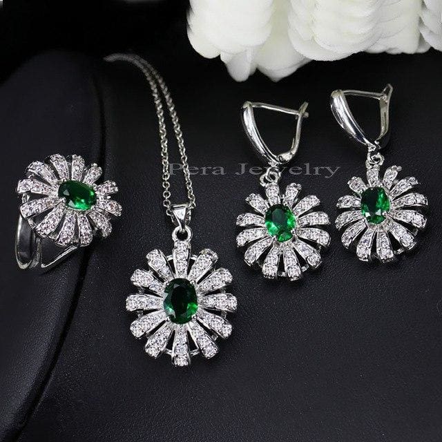 sun cluster flower 3 pieces 925 sterling silver cz jewelry sets