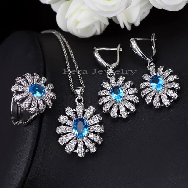 sun cluster flower 3 pieces 925 sterling silver cz jewelry sets