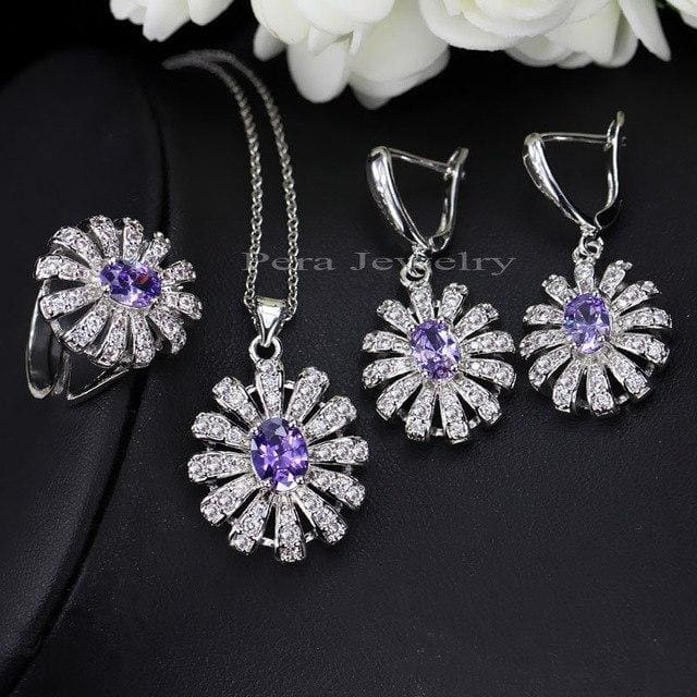 sun cluster flower 3 pieces 925 sterling silver cz jewelry sets