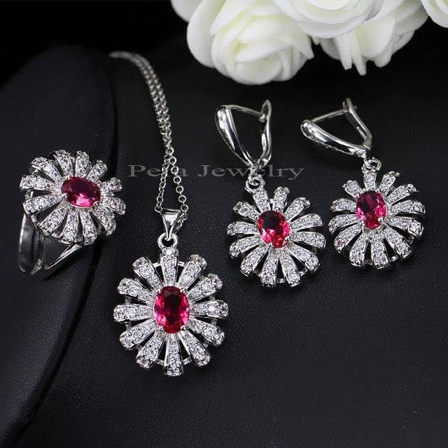 sun cluster flower 3 pieces 925 sterling silver cz jewelry sets