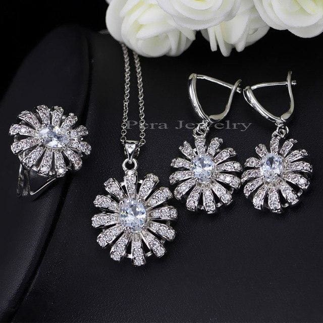 sun cluster flower 3 pieces 925 sterling silver cz jewelry sets