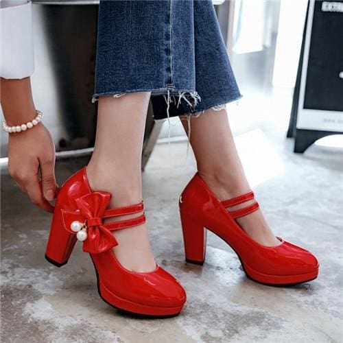 sweet butterfly-knot women pumps round toe square high heels
