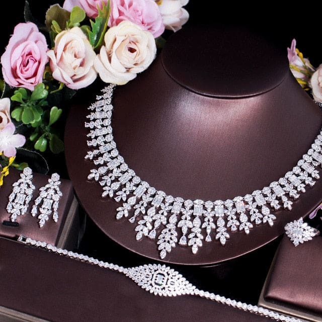 Tassel Drop Cubic Zirconia Wedding Jewelry Set 4 Pcs / Resizable JEWELRY SETS