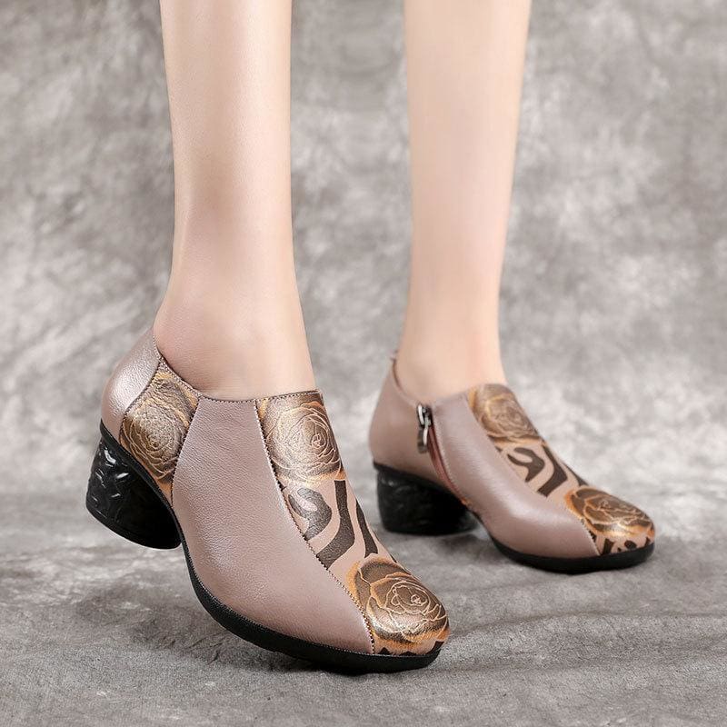 thick heels genuine leather casual women pumps shoes