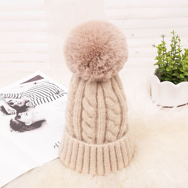 Thick Warm Wool Winter Knitted Women Hat Beige WOMEN HAT