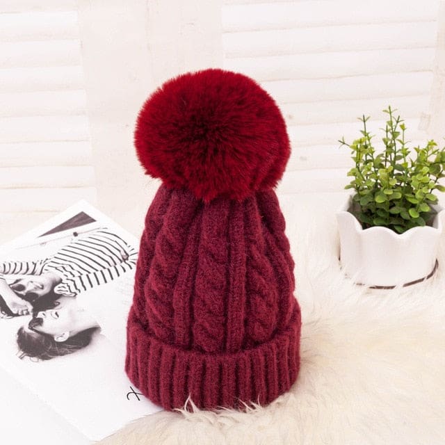 Thick Warm Wool Winter Knitted Women Hat Wine Red WOMEN HAT