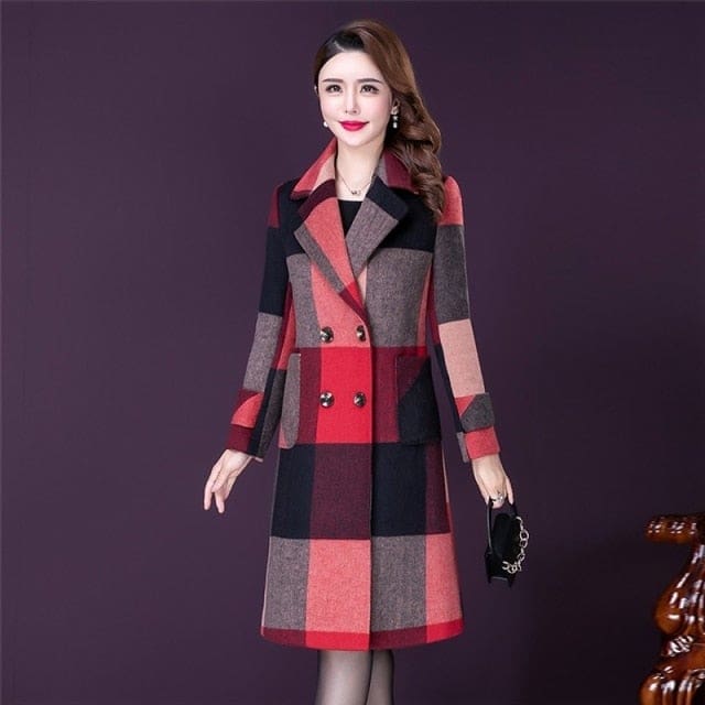 thicken warm wool blends slim long tops outerwear plaid overcoat