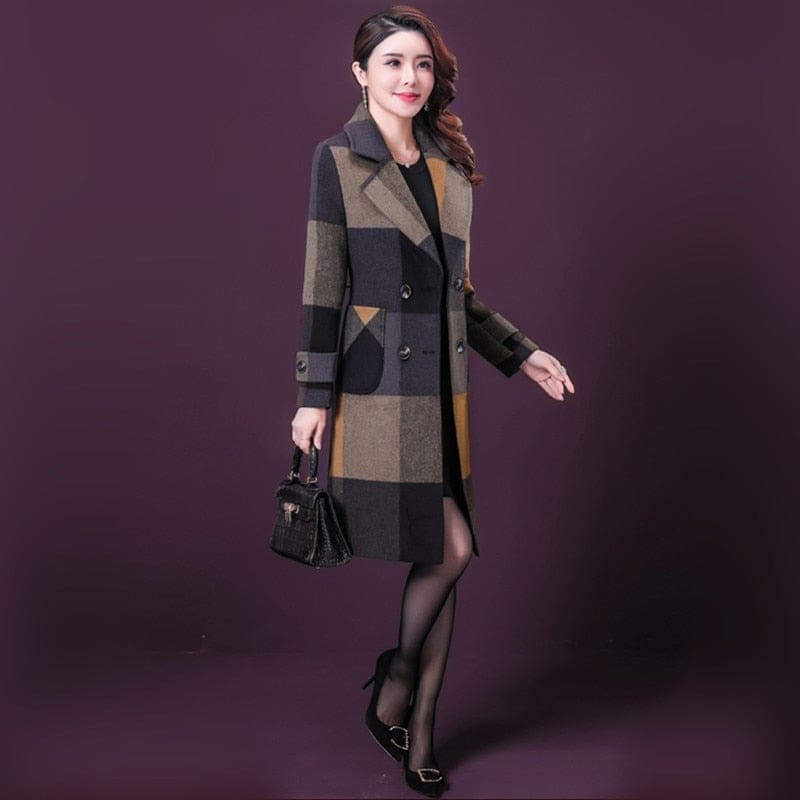 thicken warm wool blends slim long tops outerwear plaid overcoat