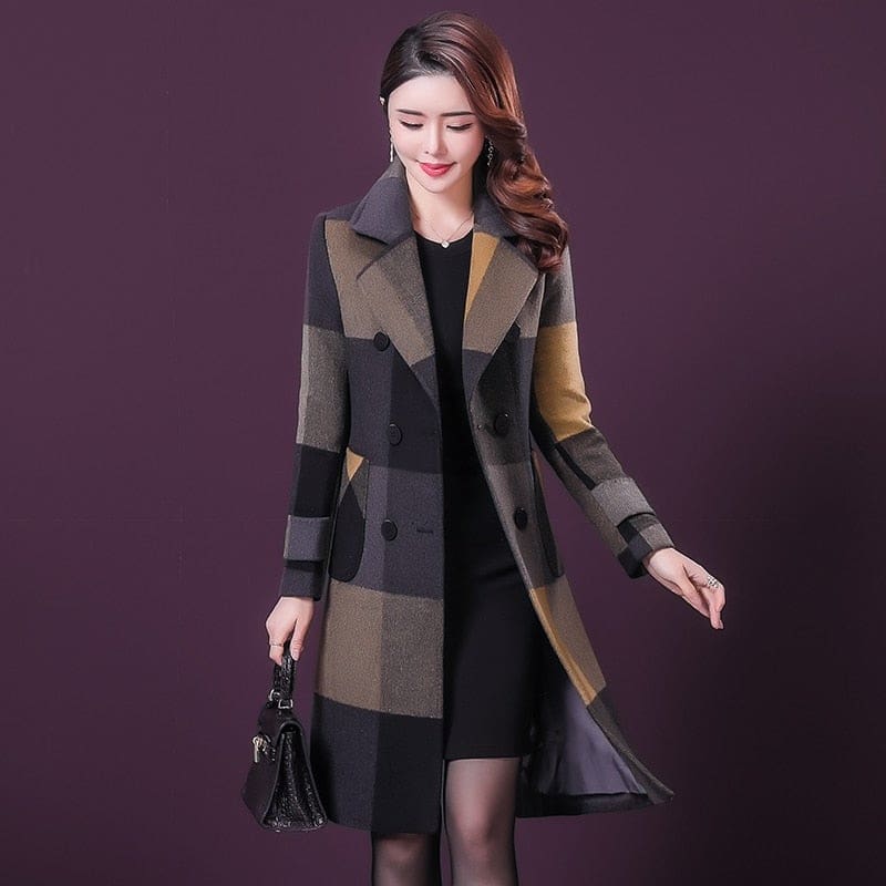 thicken warm wool blends slim long tops outerwear plaid overcoat