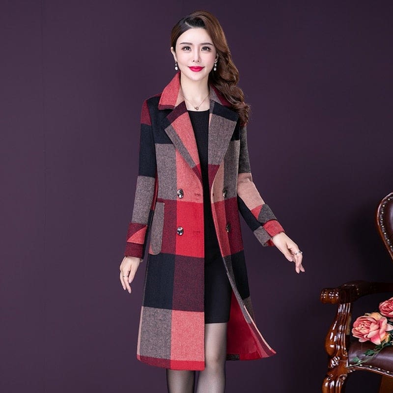 thicken warm wool blends slim long tops outerwear plaid overcoat