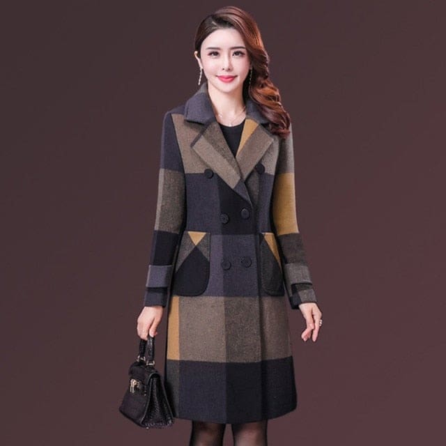 thicken warm wool blends slim long tops outerwear plaid overcoat