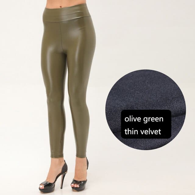 Thickened Warm Velvet Winter PU Leather Women Leggings Green With / M WOMEN PANTS