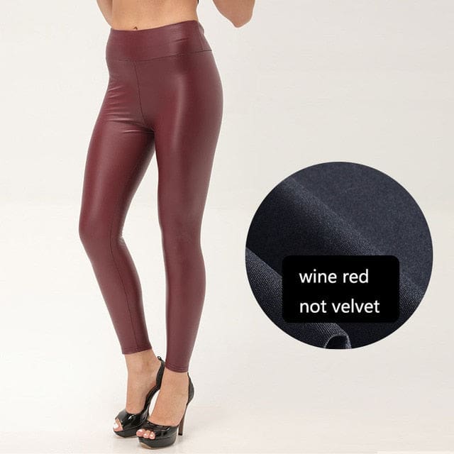 Thickened Warm Velvet Winter PU Leather Women Leggings Wine Red No / 2XL WOMEN PANTS