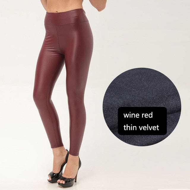 Thickened Warm Velvet Winter PU Leather Women Leggings Wine Red With / 2XL WOMEN PANTS