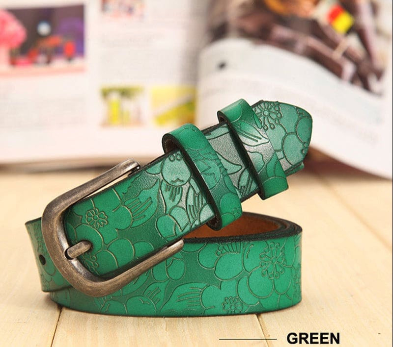 Thin Genuine Leather Floral Carved Women Belt WOMEN BELTS