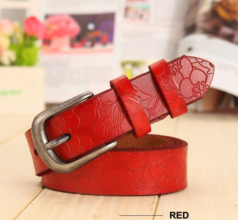 Thin Genuine Leather Floral Carved Women Belt WOMEN BELTS