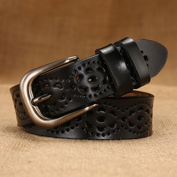 Thin Genuine Leather Floral Carved Women Belt Black 315 / 115cm Waist 93cm WOMEN BELTS