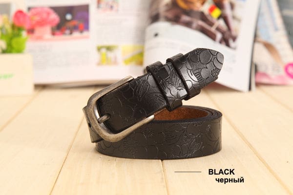 Thin Genuine Leather Floral Carved Women Belt Black / 90cm Waist 60cm WOMEN BELTS