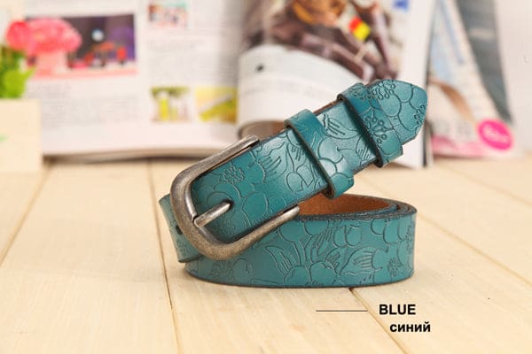 Thin Genuine Leather Floral Carved Women Belt Blue / 90cm Waist 60cm WOMEN BELTS