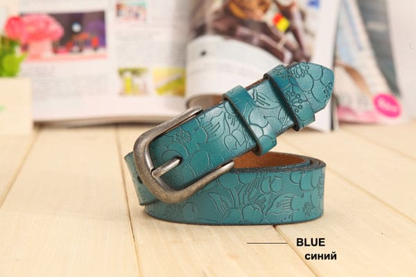 Thin Genuine Leather Floral Carved Women Belt Blue / 90cm Waist 60cm WOMEN BELTS