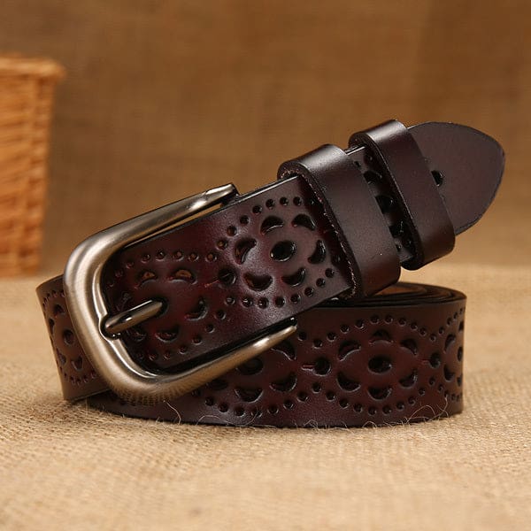 Thin Genuine Leather Floral Carved Women Belt Coffee / 95cm Waist 67cm WOMEN BELTS