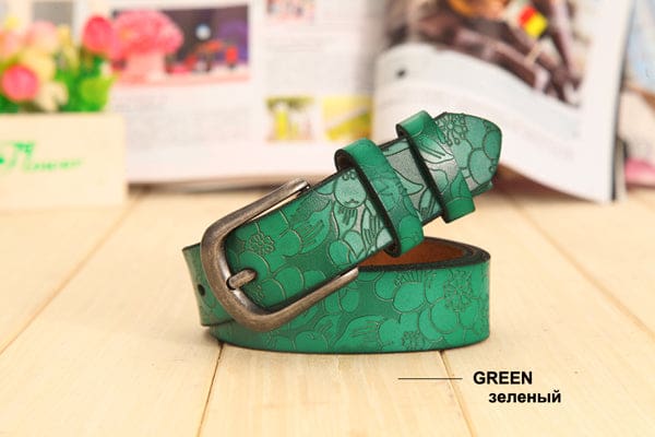 Thin Genuine Leather Floral Carved Women Belt Green / 90cm Waist 60cm WOMEN BELTS