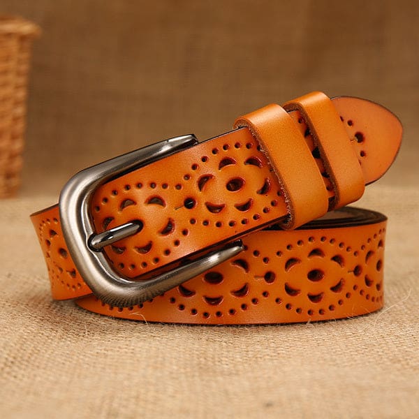 Thin Genuine Leather Floral Carved Women Belt Orange / 115cm Waist 93cm WOMEN BELTS