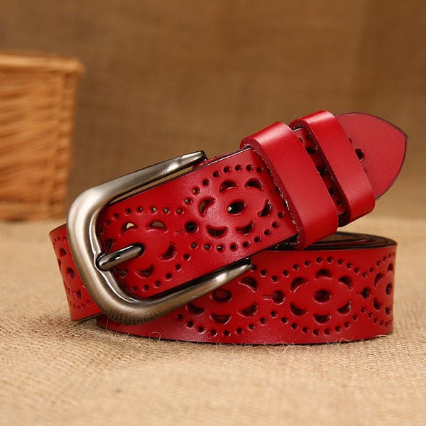 Thin Genuine Leather Floral Carved Women Belt Red / 90cm Waist 60cm WOMEN BELTS