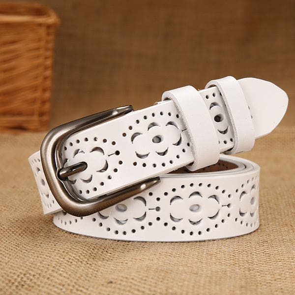 Thin Genuine Leather Floral Carved Women Belt White 315 / 90cm Waist 60cm WOMEN BELTS