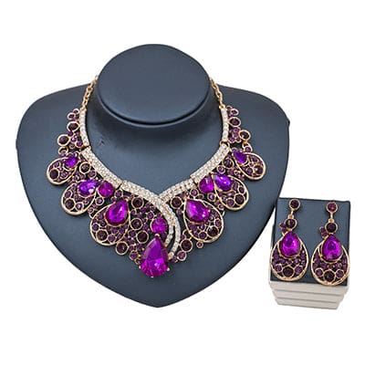 lan palace  valentines day trendy bridal crystal jewelry set engagement necklace and earrings costume jewelry purple