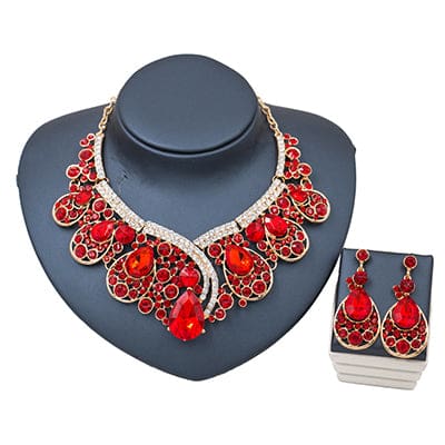 lan palace  valentines day trendy bridal crystal jewelry set engagement necklace and earrings costume jewelry red