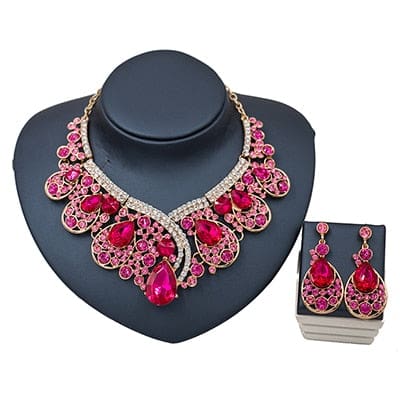 lan palace  valentines day trendy bridal crystal jewelry set engagement necklace and earrings costume jewelry roseo