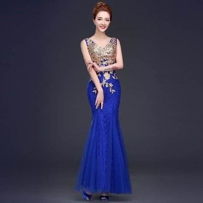 v-neck beaded long with applique gown mermaid evening dress blue / 18w