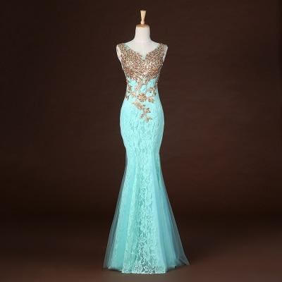v-neck beaded long with applique gown mermaid evening dress sky blue / 2