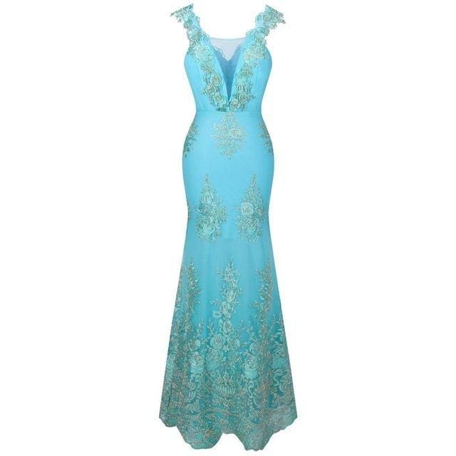 v-neck embroidery lace flower women mermaid long evening dress