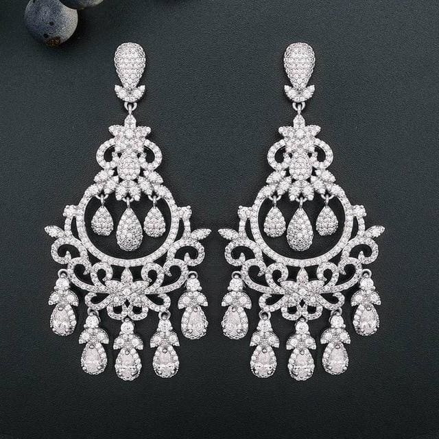 water drop tassel cubic zirconia stones long elegant vintage earrings silver color