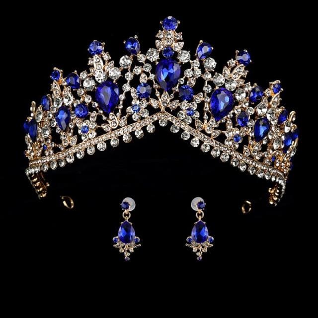 wedding crown queen bridal tiaras with earrings blue