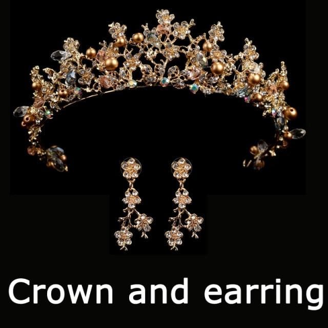 wedding crown queen bridal tiaras with earrings gold